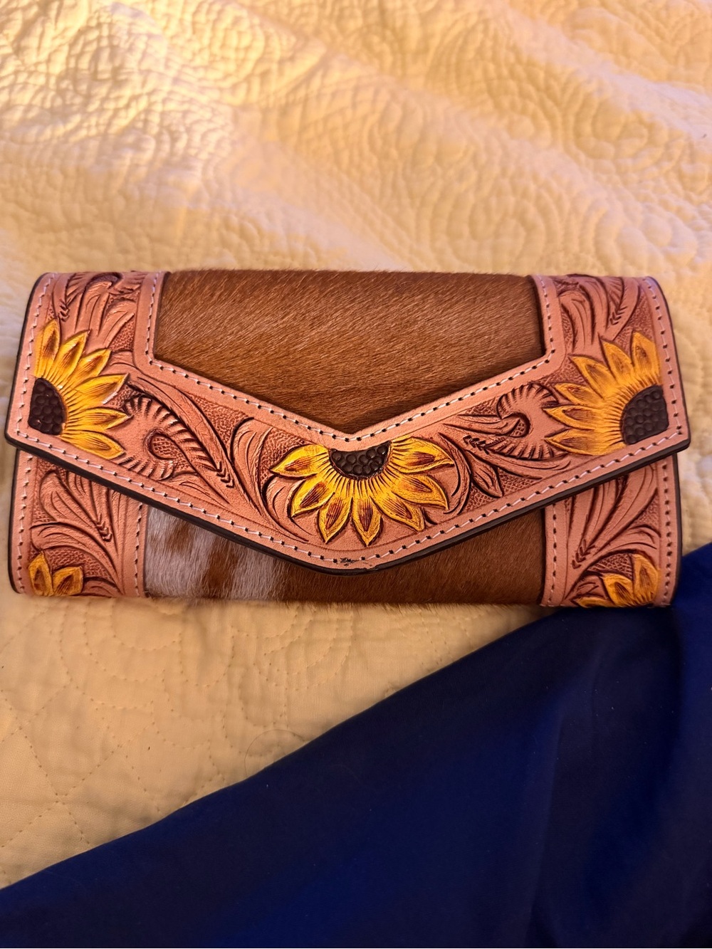 Sunflower Tooled Leather & Haircalf Clutch Wallet - Brown